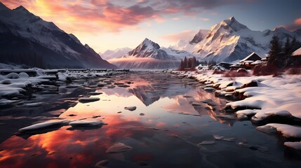 A frozen lake reflecting the snow-capped mountains and a vibrant pink and orange sunset, with ice skaters enjoying the last moments of daylight - obrazy, fototapety, plakaty