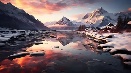 Papier Peint photo Lavable Réflexion A frozen lake reflecting the snow-capped mountains and a vibrant pink and orange sunset, with ice skaters enjoying the last moments of daylight