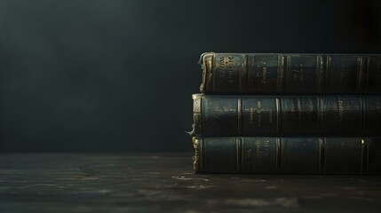 Vintage books on a dark background, mysterious atmosphere. stack of classic leather-bound tomes. literature and education conceptual image. AI - obrazy, fototapety, plakaty