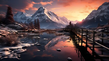 A frozen lake surrounded by snow-capped mountains, with a wooden pier extending into the icy waters and the winter sun setting in the distance