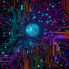 Abstract digital circuit board pattern in neon colors