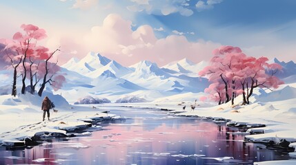 A frozen lake with a lone ice fisherman, surrounded by snow-covered hills and a serene winter sky painted in shades of pink and blue - obrazy, fototapety, plakaty