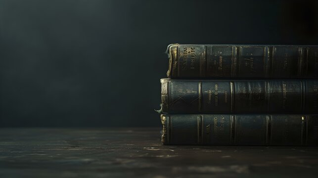 Vintage books on a dark background, mysterious atmosphere. stack of classic leather-bound tomes. literature and education conceptual image. AI