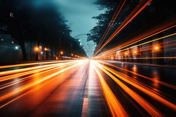 Fototapeta na wymiar Abstract long exposure dynamic speed light in rural city road, Ai generated