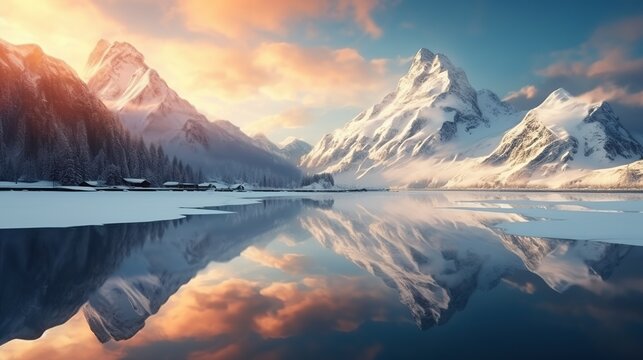 Sunrise in winter mountains. Mountain reflected in ice lake in morning sunlight. Amazing panoramic nature landscape in mountain valley. copy space for text.