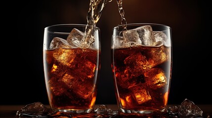 two cups of cola soft drink being poured into glass. copy space for text.