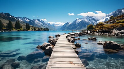 A frozen lake with a wooden pier stretching out into the icy water, surrounded by snow-covered mountains and a clear blue sky above - obrazy, fototapety, plakaty