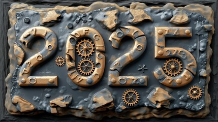 Mechanical Countdown 2025 - Steampunk Clockwork Embossed in Metallic Relief