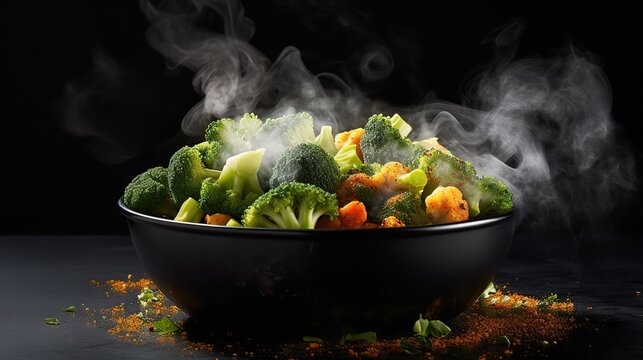 The steam from the vegetables carrot broccoli Cauliflower in a black bowl, a steaming. Boiled hot Healthy food on table on black background. copy space for text.