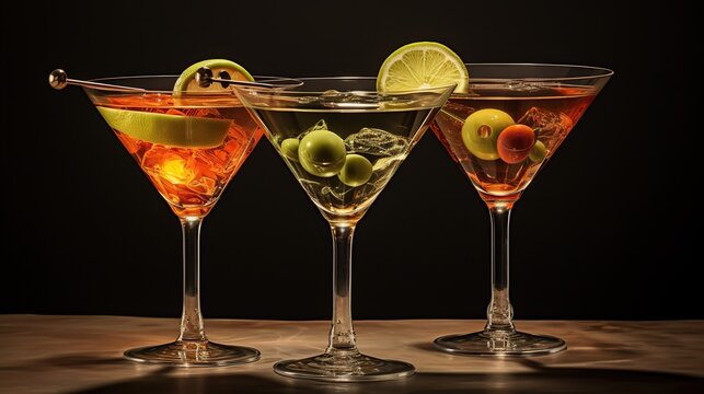 Three classic cocktail glasses. Image of alcohol. copy space for text.