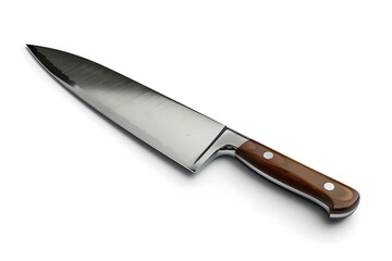 Sharp chef's knife with brown handle on white background. professional kitchen utensil. close-up on culinary tool. AI