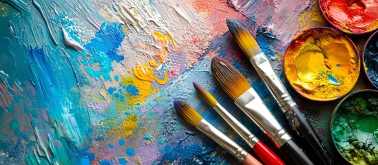 Obraz premium Vibrant Watercolor Paints and Brushes on Colorful Pallet - A Visual Symphony of Watercolor, Paint, Brushes, Colors, and Pallet