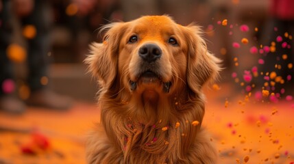 Golden Retriever Sitting in Front of Confetti Group
