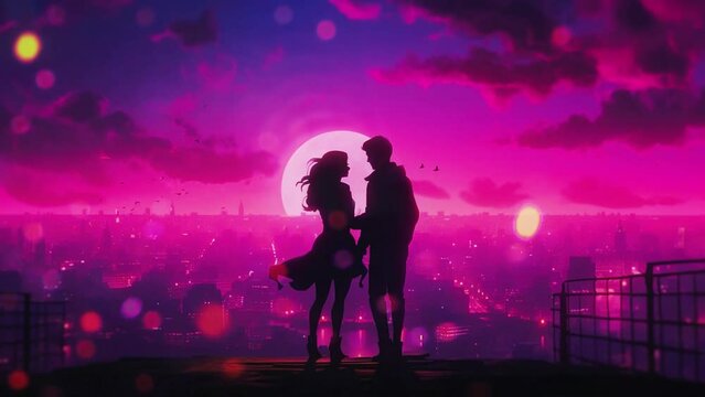 Silhouette of a couple with futuristic neon lights. Valentines Day