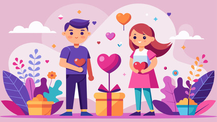 A lovely and romantic couple standing next to each other, a Valentine Day special, cartoon stlyle vector illustration