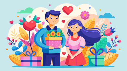 Obraz na płótnie Canvas A colorful vector illustration of a romantic couple holding a gift box surrounding with flowers and foliage, a valentine day special