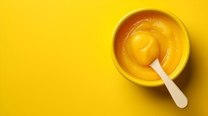 Vibrant yellow bowl of pureed food with spoon on bright background. simple healthy eating concept. perfect for food blogs. AI