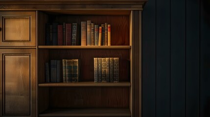 Classic wooden bookshelf with vintage books. elegant home library. dark academia aesthetic decor. AI
