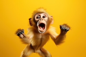 Happy monkey jumping and having fun. - obrazy, fototapety, plakaty