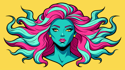 A vector illustration of a woman with pink hair and blue eyes, vivid colorful comic style, psychedelic flowing hair, fantasy pop art