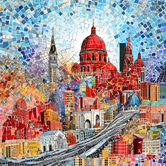 Collage of city landmarks in a mosaic pattern. 