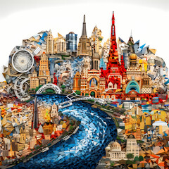 Fototapeta na wymiar Collage of city landmarks in a mosaic pattern. 