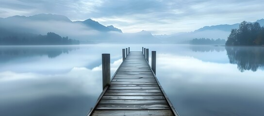 Serene lake view with foggy mountains and wooden pier. tranquil nature scene for calm backgrounds and zen themes. AI - obrazy, fototapety, plakaty