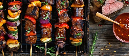 BBQ concept featuring skewered food with sauce and vegetables on a table top view.