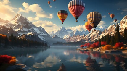 A group of hot air balloons floating over a winter landscape, their vibrant colors contrasting beautifully with the snowy surroundings - obrazy, fototapety, plakaty