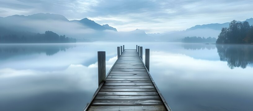 Fototapeta Serene lake view with foggy mountains and wooden pier. tranquil nature scene for calm backgrounds and zen themes. AI