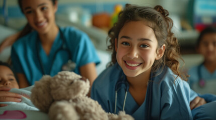  pediatric oncologist discussing treatment options with a young patient and their parents, offering support and information in a comforting hospital room - obrazy, fototapety, plakaty