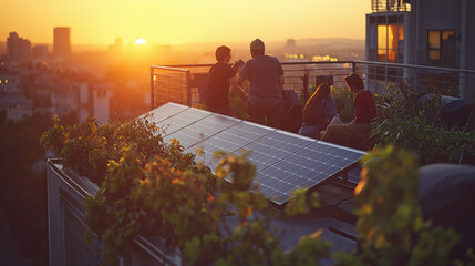 Solar Panels on Apartment Rooftops: Residents of an apartment complex meeting on the roof garden surrounded by newly installed solar panels, discussing the benefits. - obrazy, fototapety, plakaty