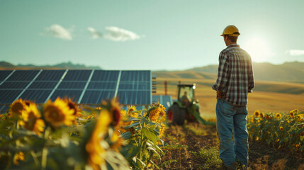 Solar-Powered Farming Operations: A farmer checking solar panels that power the water pumps and machinery on a sustainable farm.
