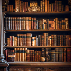Antique books on a dusty library shelf.