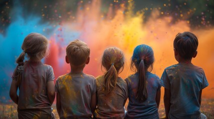 Group of Young Children Standing in Front of Colored Powder