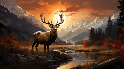 A majestic elk standing in a snow-covered meadow, with the mountains in the background bathed in the warm colors of the setting sun - obrazy, fototapety, plakaty
