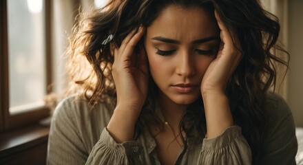 Obraz premium Young white woman with morning headache, in bedroom, holding head