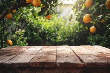 An empty wooden table on a blurred background of a lemon orchard. mockup, the display of your product outdoors. - obrazy, fototapety, plakaty