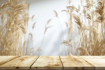 Empty wooden table over blurred reed background. mock up.