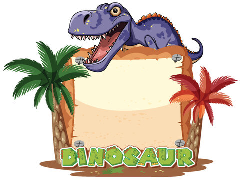 Cartoon dinosaur peeking over a blank sign.