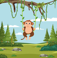 Naklejka premium A cheerful monkey swinging from jungle vines.