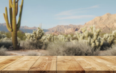 Empty wooden table over cacti in the desert background. Summer product display.