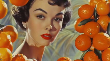 Vintage portrait of a woman with oranges.