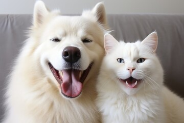 Fototapeta na wymiar Happy and playful dog and cat bonding together in an adorable and heartwarming photo
