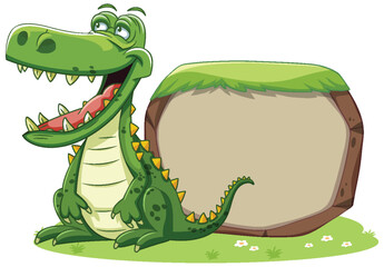Happy cartoon crocodile beside an empty signboard.