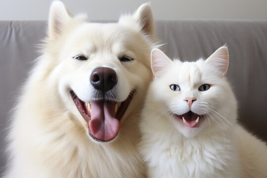 Happy and playful dog and cat bonding together in an adorable and heartwarming photo