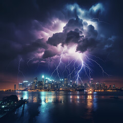 Dramatic lightning storm over a city skyline.