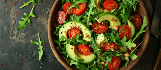 Top view of a nutritious vegan salad with avocado, tomato, and arugula.