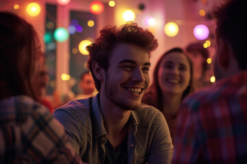 Smiling Young Man Enjoying a Lively Party with Friends in Festive Lights