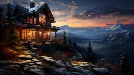 A mountain cabin perched on a snowy hill, with a panoramic view of the surrounding winter landscape and a sky filled with stars - obrazy, fototapety, plakaty